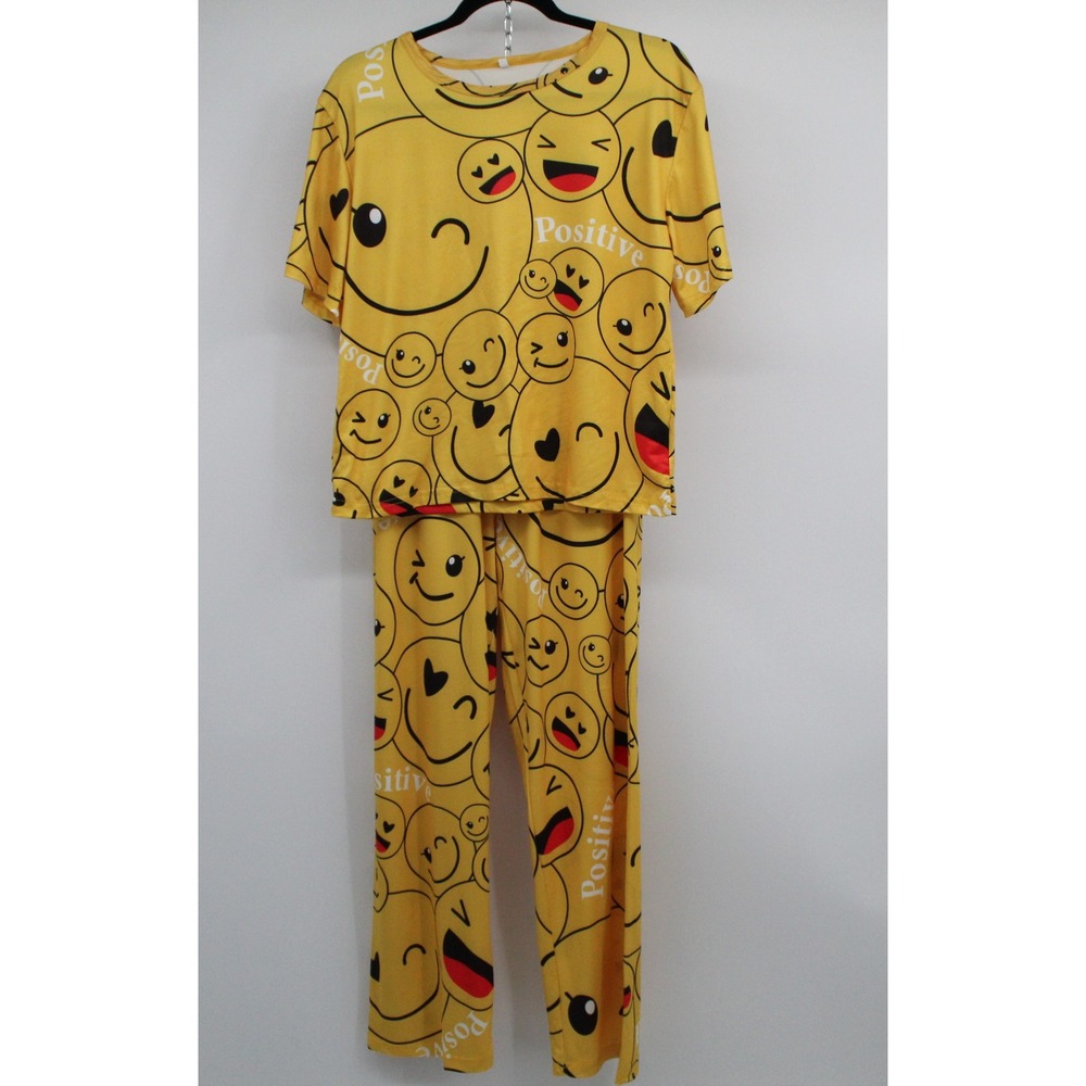 Women Fun Yellow Emoji Positive Pajama Set Short Sleeve Top and Pants Size M